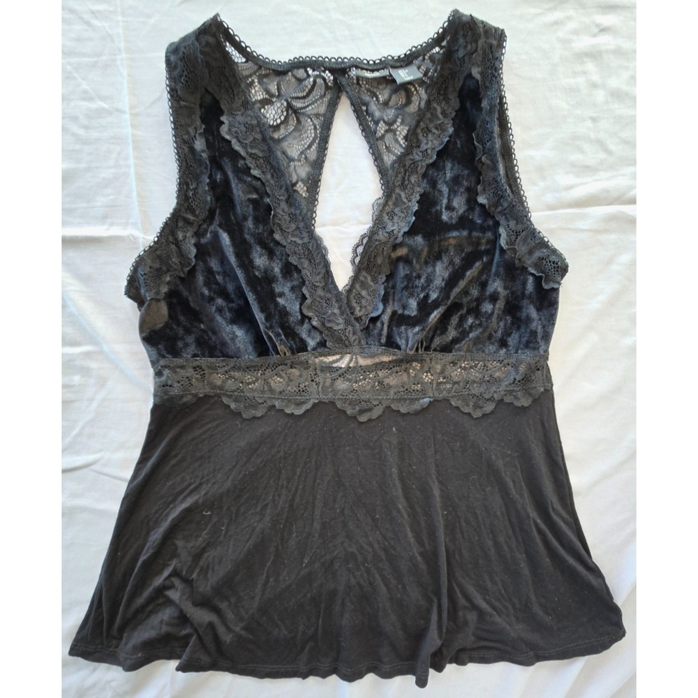Tahari Black Lace Velour Sleepwear Top Sz L Overlay Sleeveless VNeck Mesh Whimsy - Picture 12 of 14